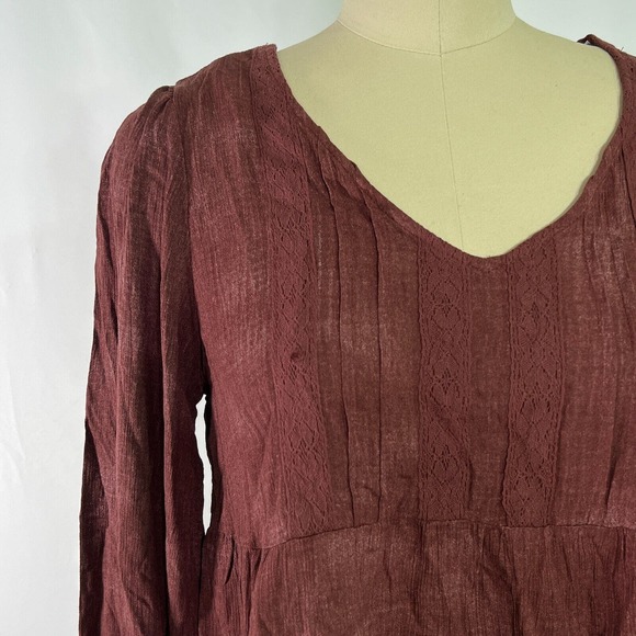 Rewind V-Neck, Lace Juniors Top Blouse Long Sleeve Brown, Small flaws Sz L - Picture 3 of 10